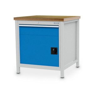 Stół warsztatowy Bedrunka+Hirth R 24-24, wys. x szer. x gł. 859 x 810 x 750 mm, kolor jasnoszary, kolor jasnoniebieski, 1 x szuflada 1 x 150 mm, 1 drzwi skrzydłowe 1 x 450 mm