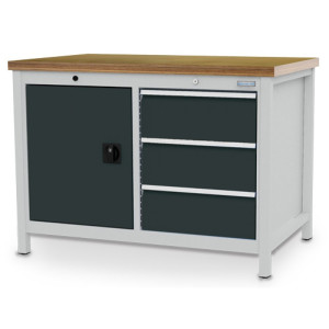 Stół warsztatowy Bedrunka+Hirth R 18-24, wys. x szer. x gł. 859 x 1250 x 750 mm, kolor jasnoszary, kolor antracytowoszary, 3 x szuflada 3 x 200 mm, 1 drzwi skrzydłowe 1 x 600 mm