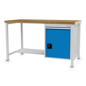Stół warsztatowy Bedrunka+Hirth R 18-24, wys. x szer. x gł. 859 x 1500 x 750 mm, kolor jasnoszary, kolor jasnoniebieski, 1 x szuflada 1 x 150 mm, 1 drzwi skrzydłowe 1 x 450 mm