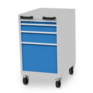 Szafa z szufladami CNC Bedrunka+Hirth, wys. x szer. x gł. 971 x 555 x 736 mm, mobilna, 4 x szuflada, kolor jasnoszary, kolor jasnoniebieski