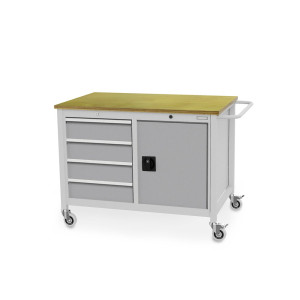 Mobilna ława warsztatowa Bedrunka+Hirth, szafka, 4 szuflady, biały aluminiowy