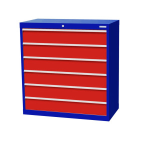 Szafa z szufladami Bedrunka+Hirth Profi, szuflady 6 x 150 mm, wys. x szer. x gł. 1019 x 980 x 500 mm, niebieski gencjanowy, czerwony drogowy