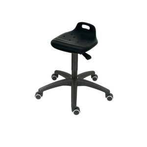 Taboret obrotowy HEMMDAL, siedzisko z PU z oparciem + uchwyt transportowy, wysokość siedziska 450–640 mm, kółka