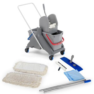 Profesjonalny zestaw wózka do sprzątania Steinbock®, zestaw z podwójnym wiadrem 2 x 15 l, 5 x mop bawełniany 500 mm, 2-częściowy chromowany drążek, składany uchwyt, 2 x ściereczka z mikrofazy