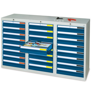 Szafa z szufladami stumpf® Premium, szuflady 24 x 100 mm, wys. x szer. x gł. 900 x 1500 x 500 mm, jasnoszara/niebieska