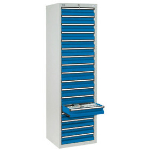 Szafa z szufladami stumpf®, szuflady 17 x 100 mm, wys. x szer. x gł. 1800 x 500 x 500 mm, jasnoszara/niebieska