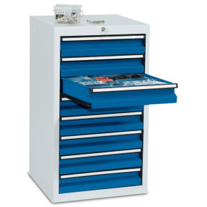 Szafa z szufladami stumpf®, szuflady 8 x 100 mm, wys. x szer. x gł. 900 x 500 x 500 mm, jasnoszara/niebieska
