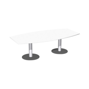 Stół konferencyjny w kształcie beczki, z podstawą talerzową, szer. x gł. 2400 x 800/1200 mm, kolor biały
