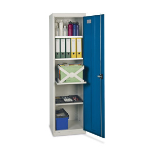 Szafa warsztatowa z drzwiami skrzydłowymi stumpf® z 4 pólkami z obrzeżem, wys. x szer. x gł. 1800 x 500 x 500 mm, jasnoszara/niebieska
