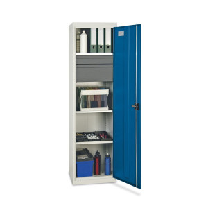 Szafa warsztatowa z drzwiami skrzydłowymi stumpf® z 2 szufladami i 3 półkami z obrzeżem, wys. x szer. x gł. 1800 x 500 x 500 mm, jasnoszara/niebieska