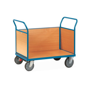 Wózek platformowy fetra®, 3-stronny ze ściankami drewnianymi, powierzchnia ładunkowa szer x gł. 500 x 850 mm, z hamulcem centralnym