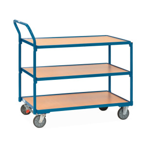 Wózek stołowy fetra®, udźwig 300 kg, 3 poziomy o wymiarach 850 × 500 mm, pionowy pałąk do pchania, z centralnym hamulcem