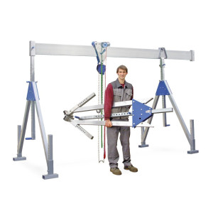 Aluminiowa suwnica bramowa SCHILLING z dzieloną belką, punkt zawieszenia 1730-2980 mm, udźwig 500 kg