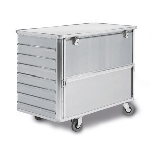 Aluminiowy wózek skrzyniowy z opuszczaną do połowy ścianą, 355 l, z pokrywą