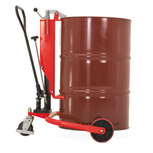 Podnośnik beczek z dyszlem, wysokość podnoszenia 200 mm, udźwig 250 kg, RAL 3020 czerwony drogowy