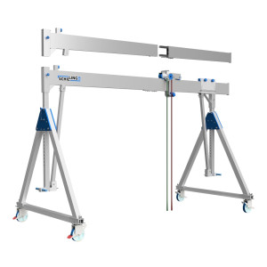 Aluminiowa suwnica bramowa SCHILLING z dzieloną belką, mobilna, wysokość całkowita 4270 mm, udźwig 500 kg