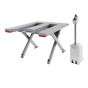 Płaski stół podnośny nożycowy FLEXLIFT, kształt E, udźwig 1500 kg, wymiary blatu 1350 x 1150 mm, 400 V