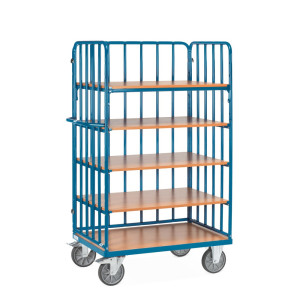 Wózek piętrowy fetra® z pionowymi podporami rurowymi, 3 ściany, 5 poz. po 1000 × 600 mm, wysokość 1800 mm