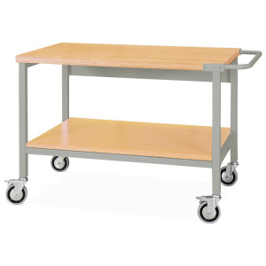 Mobilna ława warsztatowa Bedrunka+Hirth z kółkami, 2 drewniane półki o wymiarach 1500 x 750 mm, udźwig 400 kg