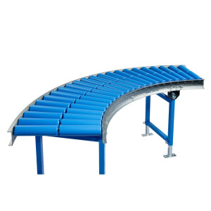 Przenośnik rolkowy do lekkich ładunków, rolki z tworzywa sztucznego, krzywka 45°, szerokość przenośnika 500 mm, rozstaw osi 62,5 mm