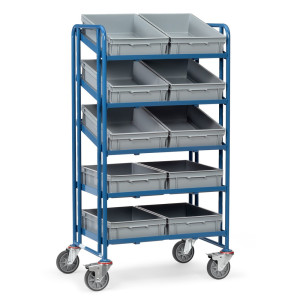Wózek piętrowy na pojemniki euro fetra®, z pojemnikami, udźwig 300 kg, 5 x piętro o wymiarach 820 × 610 mm