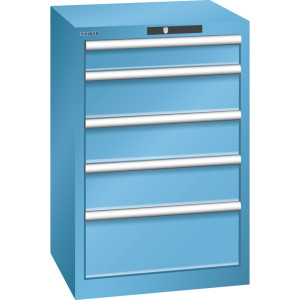 Szafa z szufladami LISTA 27x27E, (szer. x gł. x wys.) 564 x 572 x 850 mm, 5 szuflad, 1 x 100 / 3 x 150 / 1 x 200, jasnoniebieski, CODE Lock