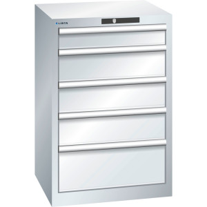 Szafa z szufladami LISTA 27x27E, (szer. x gł. x wys.) 564 x 572 x 850 mm, 5 szuflad, 1 x 100 / 3 x 150 / 1 x 200, jasnoszary, KEY Lock