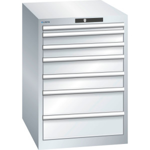 Szafa z szufladami LISTA 27x36E, (szer. x gł. x wys.) 564 x 725 x 800 mm, 7 szuflad, wysokość frontu 50–150 mm, jasnoszary, CODE Lock
