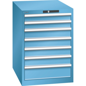 Szafa z szufladami LISTA 27x36E, (szer. x gł. x wys.) 564 x 725 x 800 mm, 7 szuflad, 2 x 75 / 4 x 100 / 1 x 150, jasnoniebieski, CODE Lock