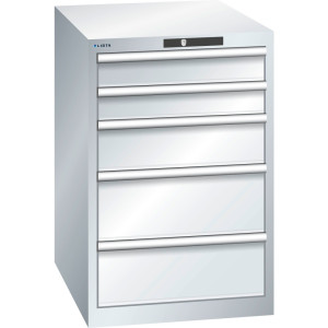 Szafa z szufladami LISTA 27x36E, (szer. x gł. x wys.) 564 x 725 x 850 mm, 5 szuflad, 2 x 100 / 1 x 150 / 2 x 200, jasnoszary, KEY Lock
