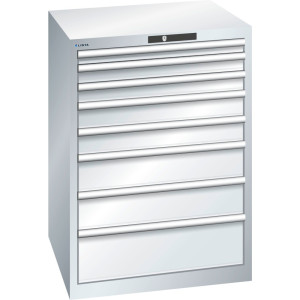 Szafa z szufladami LISTA 36x36E, (szer. x gł. x wys.) 717 x 725 x 1000 mm, 8 szuflad, wysokość frontu 50–200 mm, jasnoszary, CODE Lock