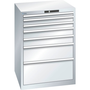 Szafa z szufladami LISTA 36x36E, (szer. x gł. x wys.) 717 x 725 x 1000 mm, 7 szuflad, wysokość frontu 50–300 mm, jasnoszary, KEY Lock