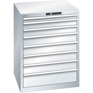 Szafa z szufladami LISTA 36x36E, (szer. x gł. x wys.) 717 x 725 x 850 mm, 8 szuflad, wysokość frontu 50–150 mm, jasnoszary, CODE Lock