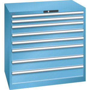 Szafa z szufladami LISTA 54x36E, (szer. x gł. x wys.) 1023 x 725 x 1000 mm, 8 szuflad, 2 x 75 / 3 x 100 / 3 x 150, jasnoniebieski, AUTO Lock