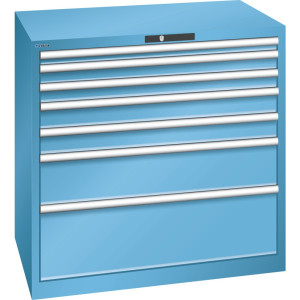 Szafa z szufladami LISTA 54x36E, (szer. x gł. x wys.) 1023 x 725 x 1000 mm, 7 szuflad, wysokość frontu 50–300 mm, jasnoniebieska, AUTO Lock