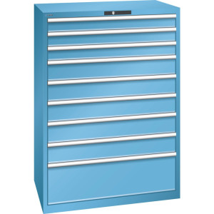 Szafa z szufladami LISTA 54x36E, (szer. x gł. x wys.) 1023 x 725 x 1450 mm, 9 szuflad, 3 x 100 / 5 x 150 / 1 x 300, jasnoniebieski, KEY Lock