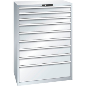 Szafa z szufladami LISTA 54x36E, (szer. x gł. x wys.) 1023 x 725 x 1450 mm, 9 szuflad, 3 x 100 / 5 x 150 / 1 x 300, jasnoszary, KEY Lock
