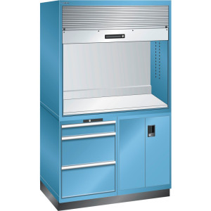 Stacja jakości LISTA 2x36x36E, (szer. x gł. x wys.) 1434 x 725 x 2100 mm, 3 szuflady, D / Schuko, jasnoniebieska