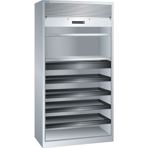 Szafa z roletą LISTA, (szer. x gł. x wys.) 1000 x 580 x 1950 mm, 4 półki wysuwane, 2 półki regulowane, jasnoszara