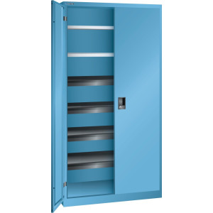Szafa z drzwiami skrzydłowymi LISTA, (szer. x gł. x wys.) 1000 x 580 x 1950 mm, 4 wysuwane tace, 2 regulowane półki, jasnoniebieski, KEY Lock
