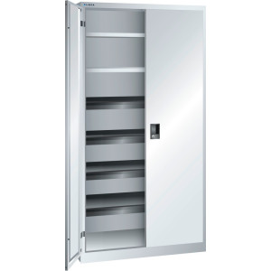 Szafa z drzwiami skrzydłowymi LISTA, (szer. x gł. x wys.) 1000 x 580 x 1950 mm, 4 wysuwane tace, 2 regulowane półki, jasnoszary, KEY Lock