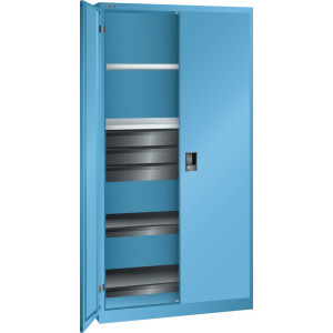 Szafa narzędziowa LISTA, (szer. x gł. x wys.) 1000 x 580 x 1950 mm, 2 wysuwane tace, 3 szuflady, jasnoniebieska, CODE Lock