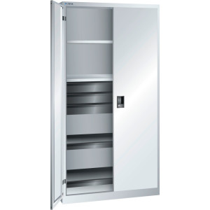 Szafa narzędziowa LISTA, (szer. x gł. x wys.) 1000 x 580 x 1950 mm, 2 wysuwane tace, 3 szuflady, jasnoszara, CODE Lock