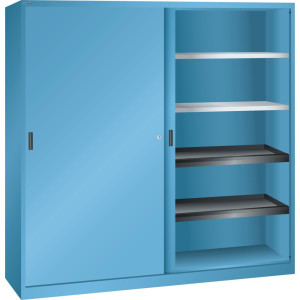 Szafa z drzwiami przesuwnymi LISTA, (szer. x gł. x wys.) 2000 x 580 x 1950 mm, 4 półki wysuwane, 4 półki regulowane, jasnoniebieski