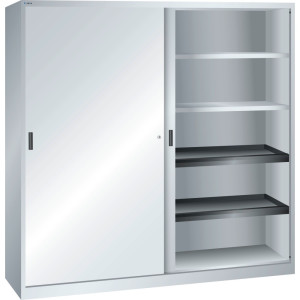 Szafa z drzwiami przesuwnymi LISTA, (szer. x gł. x wys.) 2000 x 580 x 1950 mm, 4 półki wysuwane, 4 półki regulowane, jasnoszary
