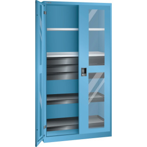 Szafa narzędziowa LISTA, (szer. x gł. x wys.) 1000 x 580 x 1950 mm, 2 wysuwane tace, 3 szuflady, jasnoniebieska, KEY Lock