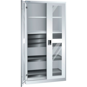 Szafa narzędziowa LISTA, (szer. x gł. x wys.) 1000 x 580 x 1950 mm, 2 wysuwane tace, 3 szuflady, jasnoszara, RFID Lock