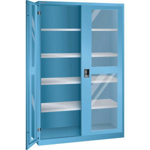 Szafa z drzwiami skrzydłowymi LISTA z oknem, (szer. x gł. x wys.) 1250 x 580 x 1950 mm, 4 regulowane półki, jasnoniebieski, KEY Lock