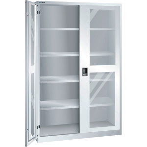 Szafa z drzwiami skrzydłowymi LISTA z oknem, (szer. x gł. x wys.) 1250 x 580 x 1950 mm, 4 regulowane półki, jasnoszary, CODE Lock