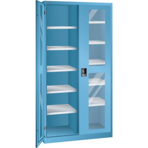 Szafa z drzwiami skrzydłowymi LISTA z oknem, (szer. x gł. x wys.) 1000 x 500 x 1950 mm, 10 regulowanych półek, jasnoniebieski, CODE Lock